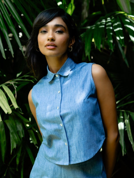 Talia Scallop Collar Denim Top - Notch Above